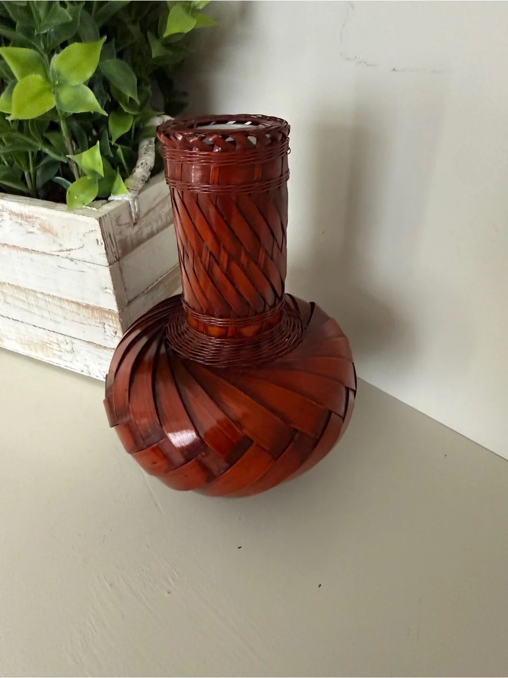 Vintage Woven Bamboo Rattan Vase Brown Basket Weave Boho Cottage Decor